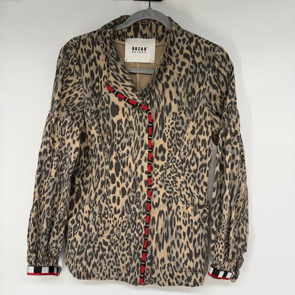 Bazar Deluxe Leopard Print Beaded Cotton Jacket Womens Sz 42 US 6 Brown - Picture 1 of 10